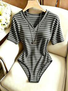 SHEIN Franclia Elegant Sexy Casual Bodysuit Vacation Grey V-Neck Design Summer Daily Going Out Night Out Club Night - Dark Grey - View 5