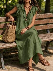 SHEIN Holidaya Women's Vacation Ruffle V-Neck Flutter Sleeve Dress, Women's Vacation Dress, Women's Apricot Dress - Dark Green - View 5