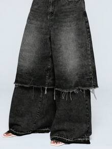 COUREZ Low Rise Layered Jorts Over Baggy Jeans In Black Wash/Y2K Autumn Clothes For Women Outfits Wide Leg Jeans Oversized Concert Bottoms Pants For Women - Grey - View 7