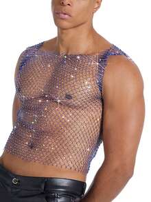 DSELFIQUE Camiseta de tirantes de malla plateada con strass para hombre, corte regular - azul real - Ver 1