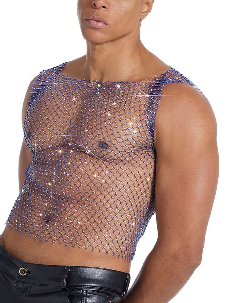 DSELFIQUE Camiseta de tirantes de malla plateada con strass para hombre, corte regular - azul real - Ver 1