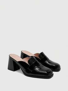CUCCOO BIZCHIC French Retro Thick Heel Closed Toe Slippers Women, Black Stone Pattern Patent Leather Square Toe Mules Shoes Workplace Commuter High Heels - Black - View 2