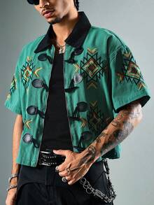 ROMWE MEN Street Life Men's Geometric Embroidery Short Sleeve Denim Shirt With Horn Buttons - Green - View 5