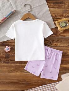LOONEY TUNES X SHEIN Young Girl Ponytail Rabbit Graphic Short Sleeve T-Shirt And Bow Print Shorts Sweet Summer Versatile Fitted Loungewear Set - Multicolor - View 2