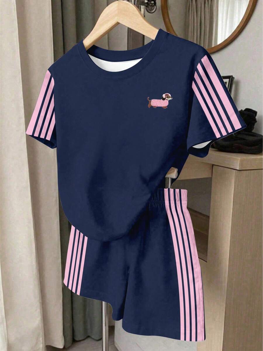 Vintage Mini Dachshund Embroidered Pattern, Striped Color Block, Tween Girl Casual Minimalist Short Sleeve T-Shirt & Casual Shorts 2 Pieces Set, Suitable For Summer, Homecoming, Back To School, Tween Girl Campus Chic - Multicolor - View 1