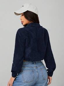 SHEIN PETITE Spring Outfits Drop Shoulder Flap Detail Crop Corduroy Black Jacket In Fall/Winter - Navy Blue - View 2