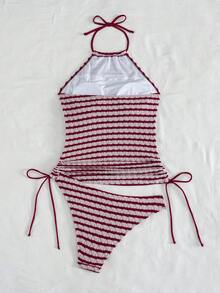 Swim Lushoire 女款條紋抽繩紋理布料細肩帶露背比基尼背心沙灘穿搭 - 紅色 - 查看 2