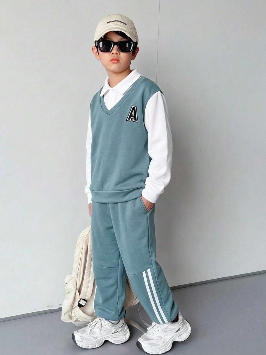 兒童青少年男孩服飾 男童連帽衫與運動長褲 拼色 Polo 領長袖衛衣與運動長褲兩件套 高 CP 值 適合通勤、上學、日常休閒、大學、旅行、運動 - 淺藍色 - 查看 1