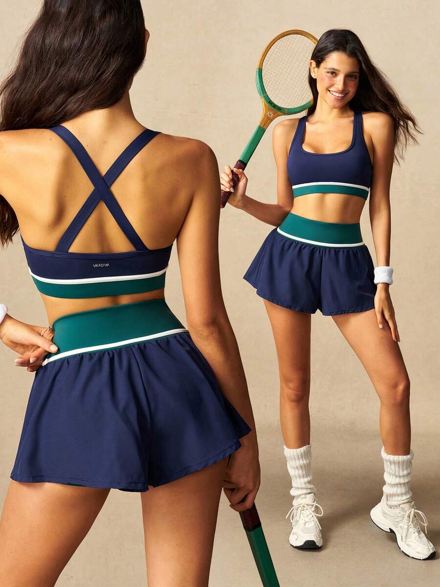 VARSIVA American Vintage Style Women's Striped Colorblock Cropped Tank Top And Shorts Sports Fitness Set