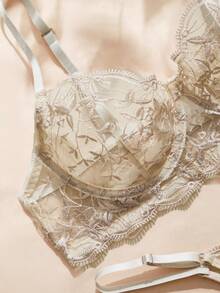 Charlaine Embroidered Mesh Bra And Panty Lingerie Set - Apricot - View 3