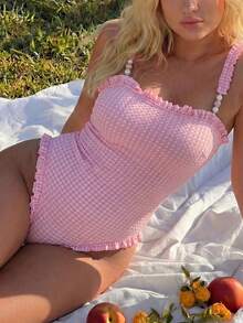 Swim Mod Novo Maiô Feminino Rosa Xadrez Texturizado com Alças de Contas, Acabamento com Babados, Ajuste Emagrecedor, Estilo Casual Praia Piscina Férias Minimalista Sexy - Rosa chiclete - Visão 5