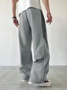 Manfinity EMRG Men's Casual Color Block Drawstring Straight Leg Pants, Loose Fit Long Black Patchwork Straight Leg Sweatpants For Outdoor - Light Grey - View 2