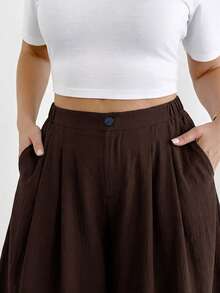 SHEIN Essnce Plus Size Women's Casual Elastic Waist Baggy Pants Chocolate Brown Textured Wide Leg Cropped Pants Formal Vacation Autumn - Brown - View 6