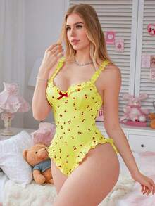 PetitDoll Pink Ruffle Trim Spaghetti Strap Sweet Cherry Pattern Women's Jumpsuit - Yellow - View 3