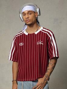 FRESIVO Men's Striped Pattern Colorblock Drop Shoulder Short Sleeve Crew Neck T-Shirt - Red - View 2