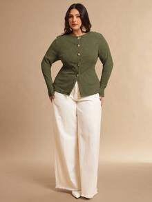 SHEIN BAE Plus Size Women's Casual Solid Color Front Button Top, Spring/Autumn - Army Green - View 7