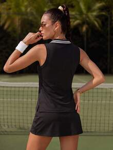 CourtClass CourtClass 女款運動瑜伽戶外健身網球健身無袖翻領 Polo 衫，對比色線條設計，下擺與側邊開衩，黑白配色，夏季款 - 黑色 - 查看 2