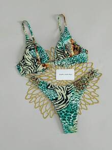SHEIN Swim 女款夏季海灘豹紋與斑馬紋性感比基尼三角褲兩件式泳衣套裝 - 彩色 - 查看 2