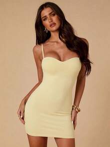 SHEIN BAE 女款春夏日常性感緊身內衣式時尚吊帶連身衣，適合約會、夜店、外出、跨年夜等場合 - 黃色 - 查看 6