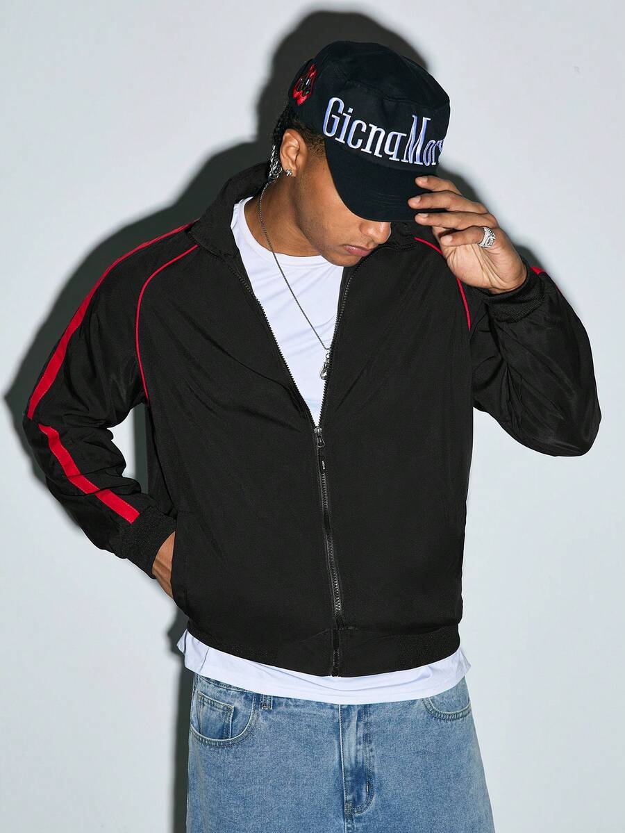 Modcrash Men's Casual Fashionable Loose Fit Jacket With Side Stripe Design, Comfortable Soft Breathable Stand Collar, Spring/Autumn - Black - View 1