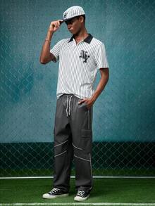 EVRINFINITE Pantalon cargo ample à taille avec cordon de serrage, coutures contrastées et poches multiples. Style décontracté à la mode de la rue, convient pour le port quotidien au printemps/automne - Gris foncé - Voir 7
