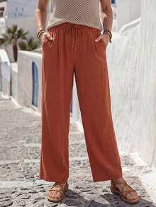 Faunlyn Women's Casual Alternative Versatile Solid Color Long Pants For Vacation Vacation Burning Orange Summer Cotton Trousers Women Summer Trousers - Burnt Orange - View 7
