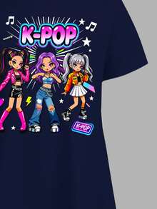 Tween女孩休閒極簡K-Pop卡通女孩海軍藍K-Pop卡通女團短袖中長洋裝，適合夏季 - 彩色 - 查看 5