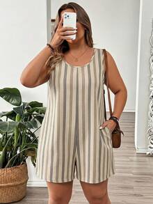 Comfylo Plus Size Women's Summer Vacation Style Striped Pattern Round Neck Casual Jumpsuit With Pockets, Suitable For Travel, Vacation, Summer And Daily Wear - Multicolor - View 6
