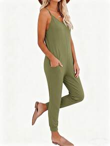 EMERY ROSE Sleeveless Solid Color Halter Jumpsuit, Casual For Summer - Green - View 3