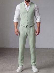 Manfinity Mode Men's Plus-Size Solid Colour Suit Waistcoat And Trouser Set For Weddings, Men's Formal Attire - Green - View 5