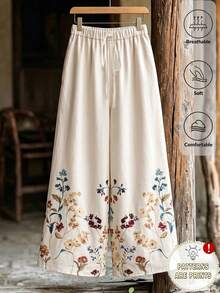 Elouméa 女款春夏休閒仿刺繡印花寬腿長褲，適合度假、日常穿著與購物 - 杏色 - 查看 4