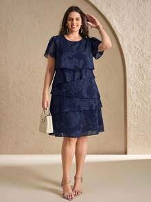Reflora Vestido de verano elegante de talla grande con unicolor y capas con recortes - Azul - Ver 6