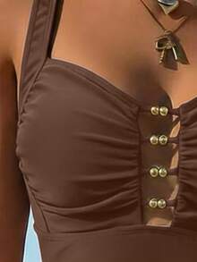 Swim Lushoire Women's One-Piece Swimsuit With Ruched Front Sides And Three Small Coffee Brown Button Decor On Chest Beach Party Summer Sexy - Coffee Brown - View 4