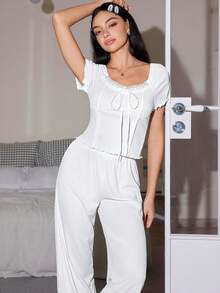 Lowkey Lull INS休闲针织条纹提花女士睡衣套装 - 白色 - 查看 5