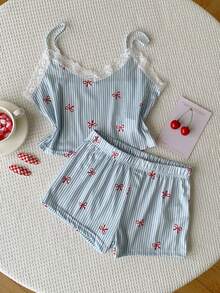 Comfortcana Lace Patchwork Striped Bow Print Camisole & Shorts Women Pajama Set - Multicolor - View 7