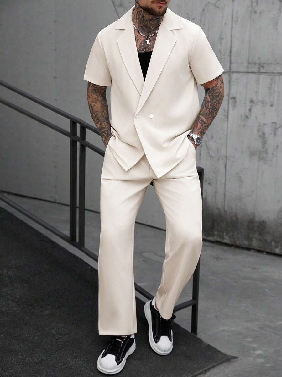 Manfinity CasualCool 男士休閒純色襯衫與長褲套裝,米白色夏季優雅度假亞麻套裝,老錢風兩件式日常休閒正裝 - 米色 - 查看 1