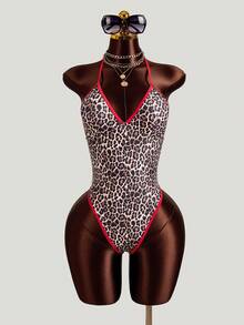 Zestiva Women's Leopard Print Colorblock Halter One-Piece Swimsuit, Suitable For Beach Vacation, Pool Party, Beach Party - Multicolor - View 5