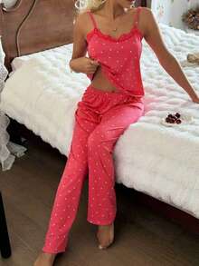 CottageSlumber Women's All-Season Knitted Ribbed Black Heart Print Sexy Camisole Pajama Set, Suitable For Outdoor Wear - Pink - View 6