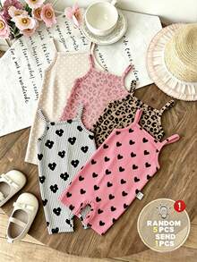 SHEIN LMoss Kids 復古美拉德卡其豹紋波點圖案，Chill Chill，嬰兒與女嬰圖案，女嬰休閒細肩帶連身褲，適合春夏季 - 彩色 - 查看 2