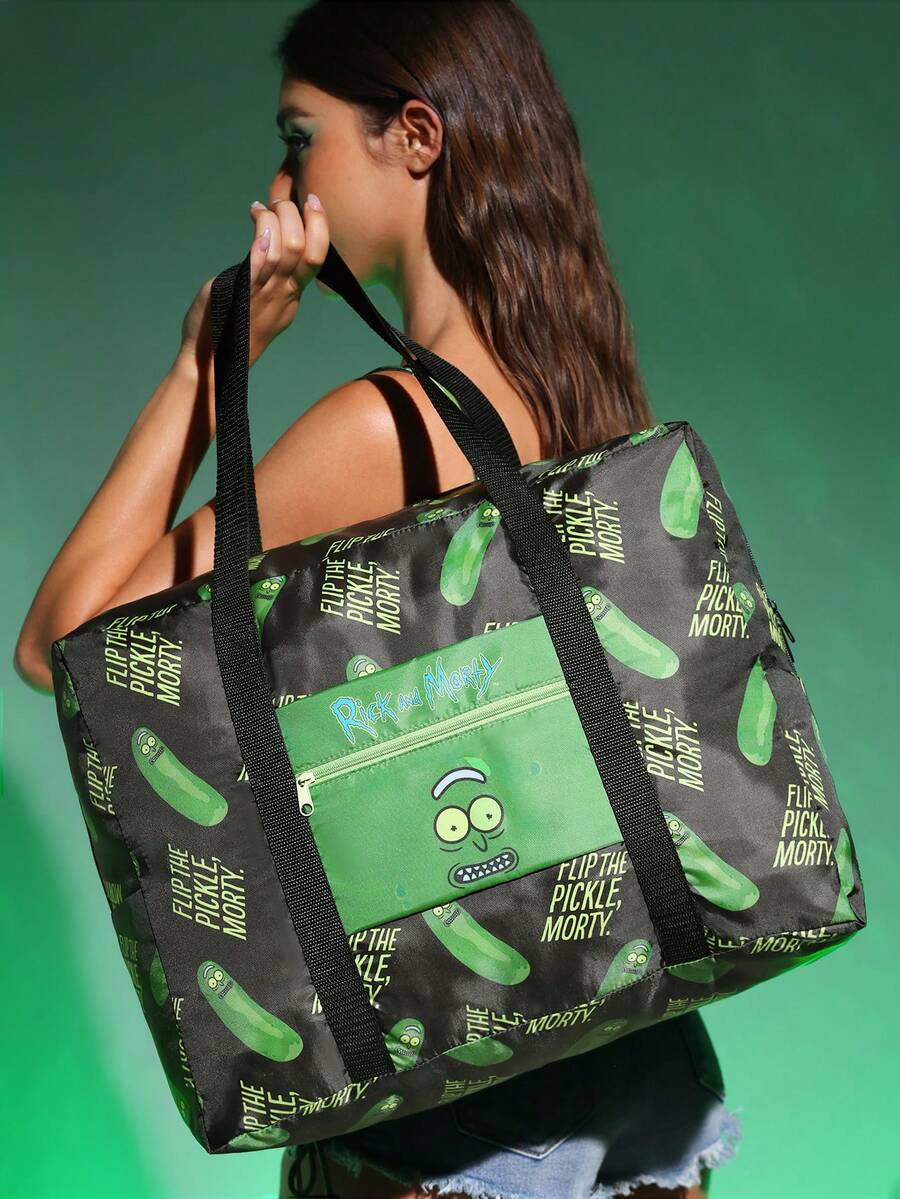 Rick and Morty X SHEIN 1件裝酸黃瓜科學家主題可折疊旅行托特包,輕量聚酯纖維行李套袋,附行李箱手提帶,大容量隨身旅行購物包,適合科幻卡通迷與旅行愛好者的完美禮物 - 黑綠 - 查看 1