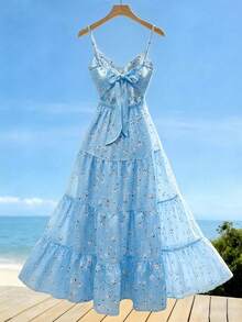 SHEIN Franclia Summer Pastoral Ditsy Floral Spaghetti Strap Dress With Back Bow Tie Multi-Layer Patchwork Elegant Women's Dress Yellow Dress Wedding Guest Dress Graduation Dress Beach Vacation Outfit Holiday Dress - Blue - View 3
