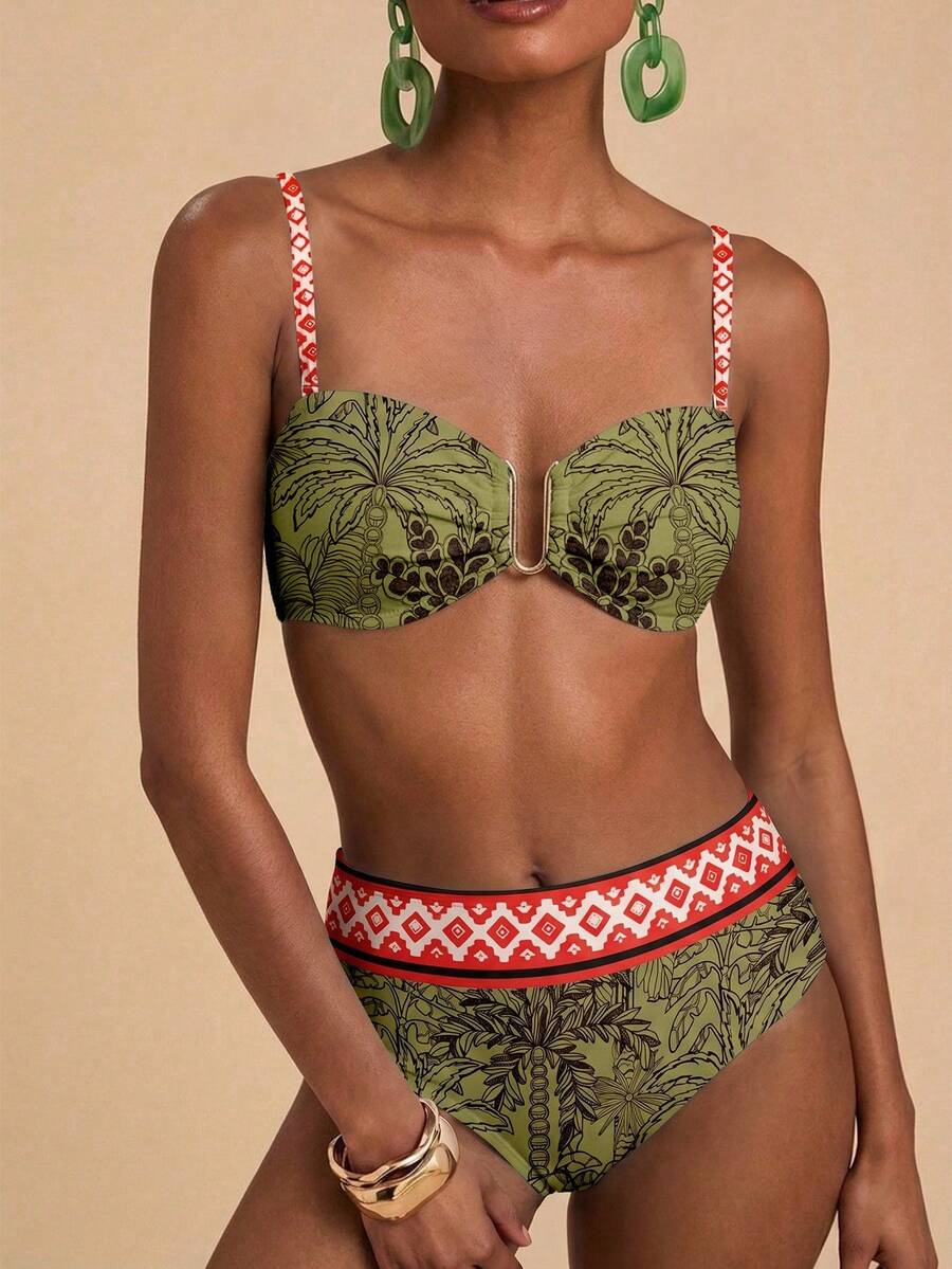Travachic Damen Vintage Blumen & Palmen Muster Badeanzug Set, geeignet für Strandurlaub, Ausflüge, Kreuzfahrt Party, schick - Verschiedenfarbig - Übersicht 1