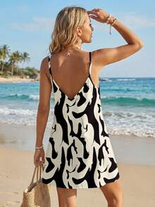 SHEIN LUNE Women's Printed Casual Spaghetti Strap Mini Dress For Vacation Beach White Summer - Multicolor - View 2