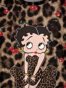 Betty Boop x SHEIN 大尺碼卡通圖案豹紋圓領短袖時尚T恤 - 白色 - 查看 3