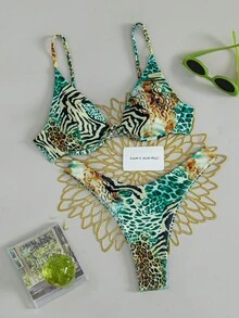SHEIN Swim 女款夏季海灘豹紋與斑馬紋性感比基尼三角褲兩件式泳衣套裝 - 彩色 - 查看 1