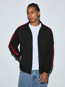 Modcrash Men's Casual Fashionable Loose Fit Jacket With Side Stripe Design, Comfortable Soft Breathable Stand Collar, Spring/Autumn - Black - View 4