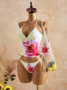 Swim Glamine Summer Sweet Sexy Tropical Cherry Plaid Tank Bikini Set Beach Party White Floral - Light Yellow - View 6