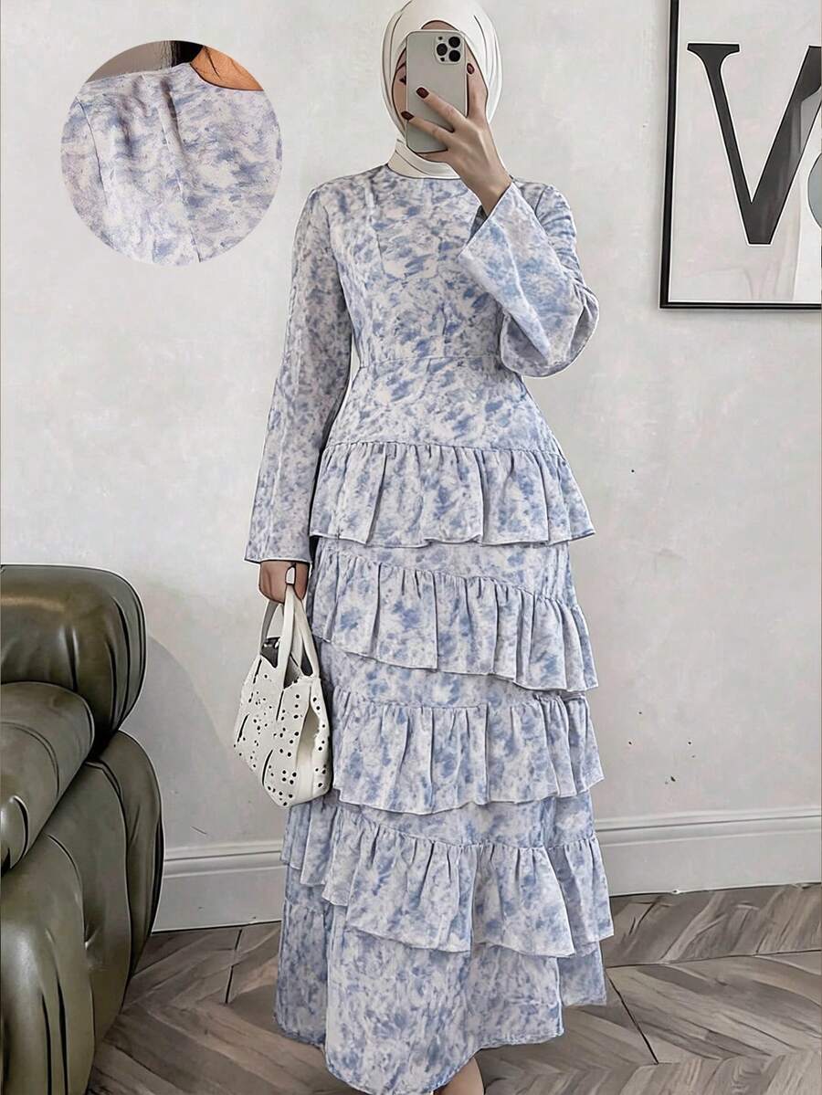 Solavon Women's Floral Print Round Neck Long Sleeve Multi-Layer Ruffle Hem Elegant Arabian Dress