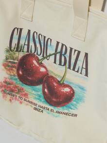 MUSERA 「Classic Ibiza」櫻桃圖案印花托特包 春夏度假性感假日配件 - 杏色5 - 查看 4