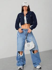 SHEIN PETITE Spring Outfits Drop Shoulder Flap Detail Crop Corduroy Black Jacket In Fall/Winter - Navy Blue - View 4